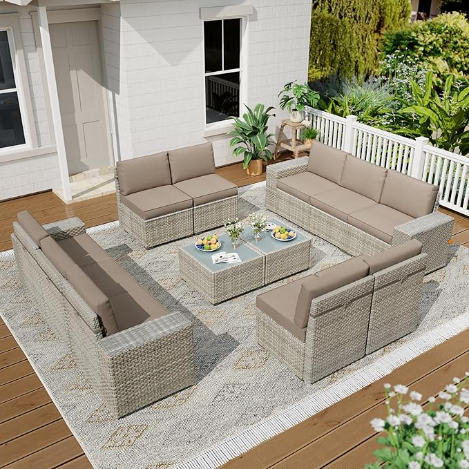 Broivira 12 Piece Patio Furniture Set, 9.8" Wide Arm Sectional Sofa with Storage Armrests, All-Weather Rattan Outdoor Conversation Set for Garden, Porch, Lawn, Backyard, Balcony, Khaki