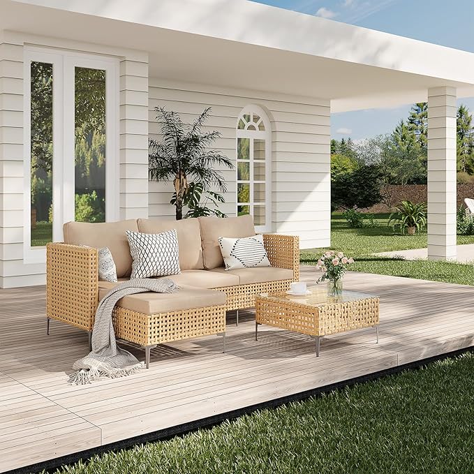 Ophelian 3 Piece Outdoor Furniture Set, Apartment Patio Sectional Furniture, Patio Chaise Sofa Sets with All Weather Manual Rattan, Perfect for Balcony, Porch, Lawn, Backyard (Yellow/Beige)