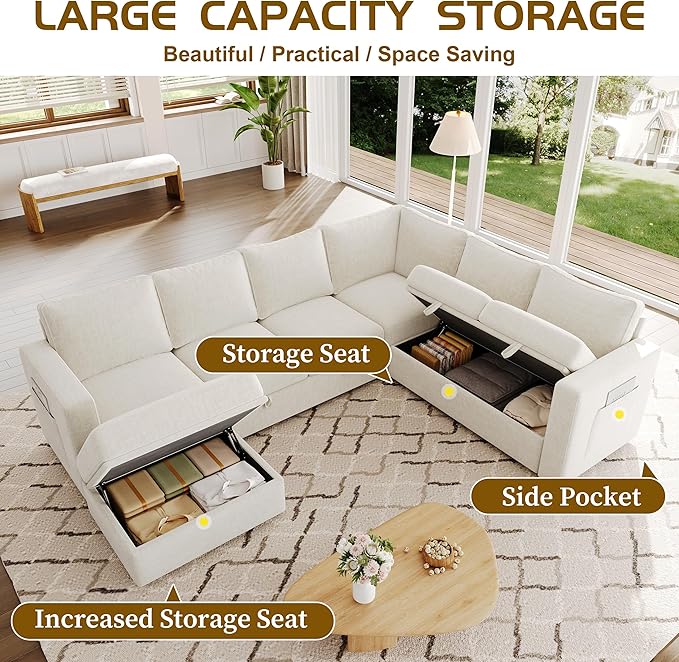 SUAWY 106.7" Sectional Sleeper Sofa with Pull Out Couch, Modern 7 Seat U Shaped Modular Couch, Sectionals Modular Sofa with Storage, Comfy Sectional Couches for Living Room & Apartment, Beige