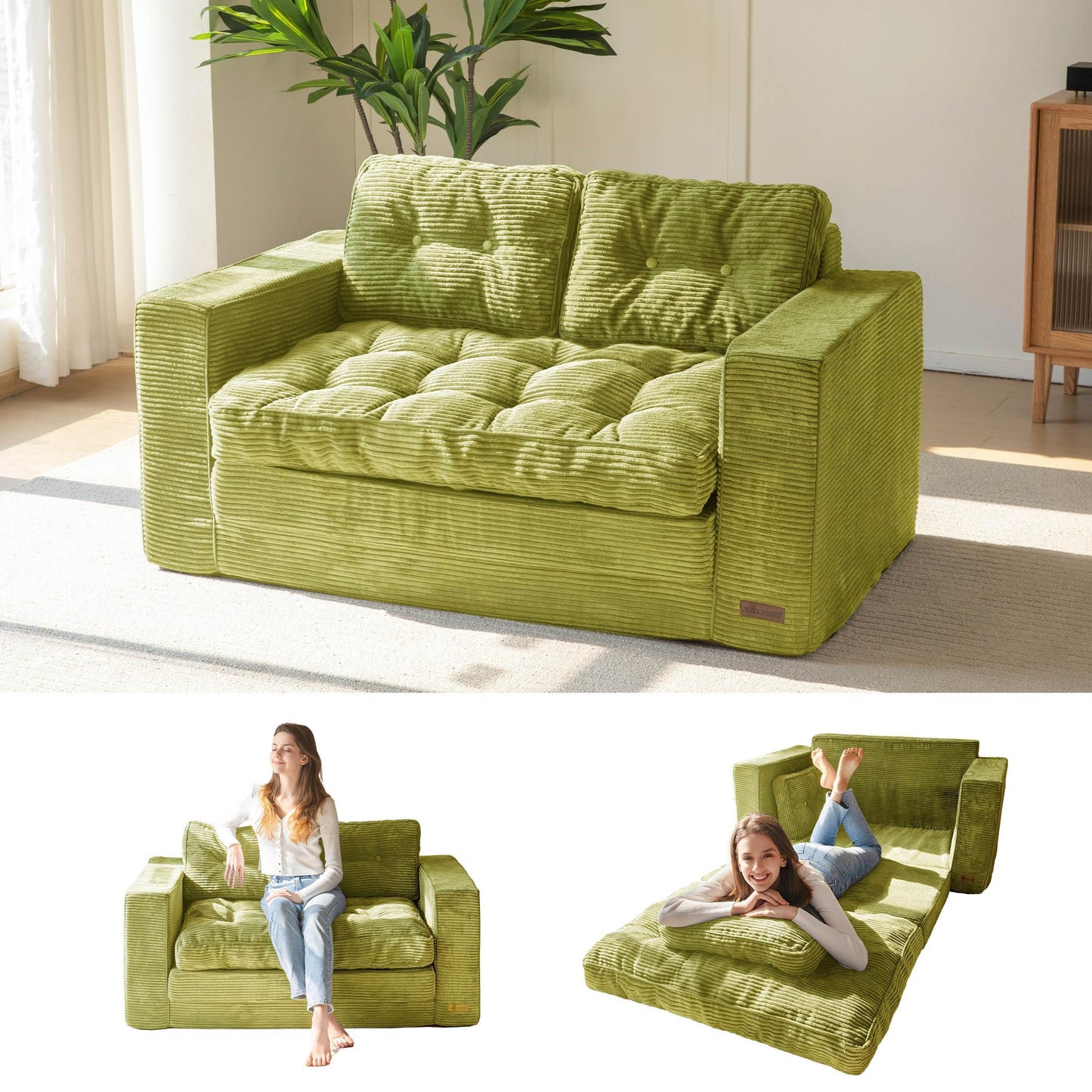 MAXYOYO Convertible Sofa Bed, Pull Out Loveseat Sleeper Sofa, 2 in 1 Folding Couch Bed, Fold Out Floor Couch with Pillows for Living Room Bedroom Lounge, Green