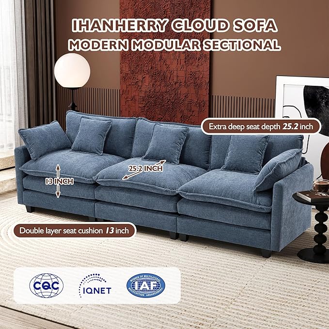 Ihanherry 111.4 Inch 3-Seater Cloud Sofa, Modular Sectional Couch, Modern Deep Seat Sofa for Living Room, Comfy Double Layer Upholstered Seat Cushion, Breathable Chenille Fabric, Blue