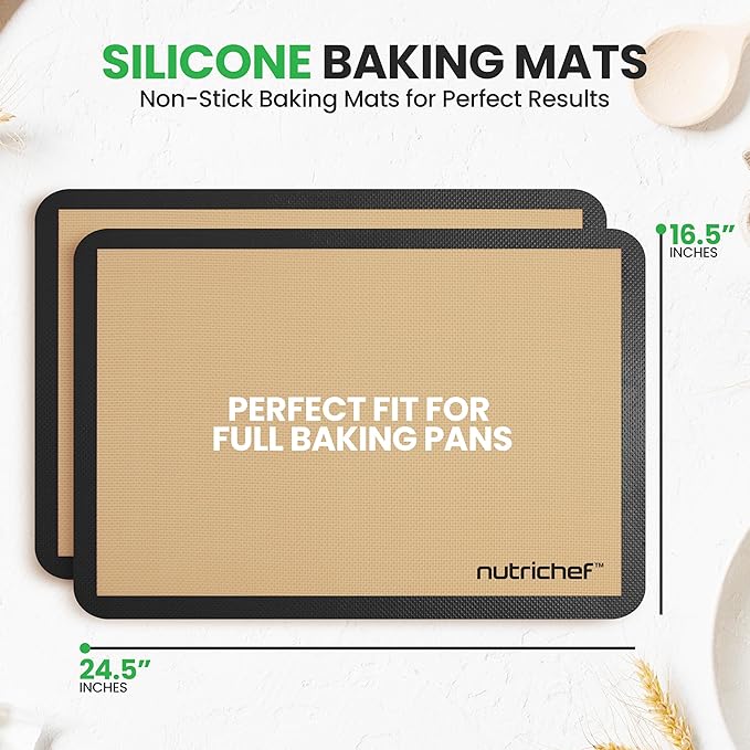 Nutrichef Silicone Baking Mats | 2 Non-stick Food-Grade Silicone Mats | Perfect for Full Baking Pans 24.4 x 16.5 IN | Oven-safe Up to 480 Degrees F | Suitable for Ovens, Freezers & Dishwashers | Black