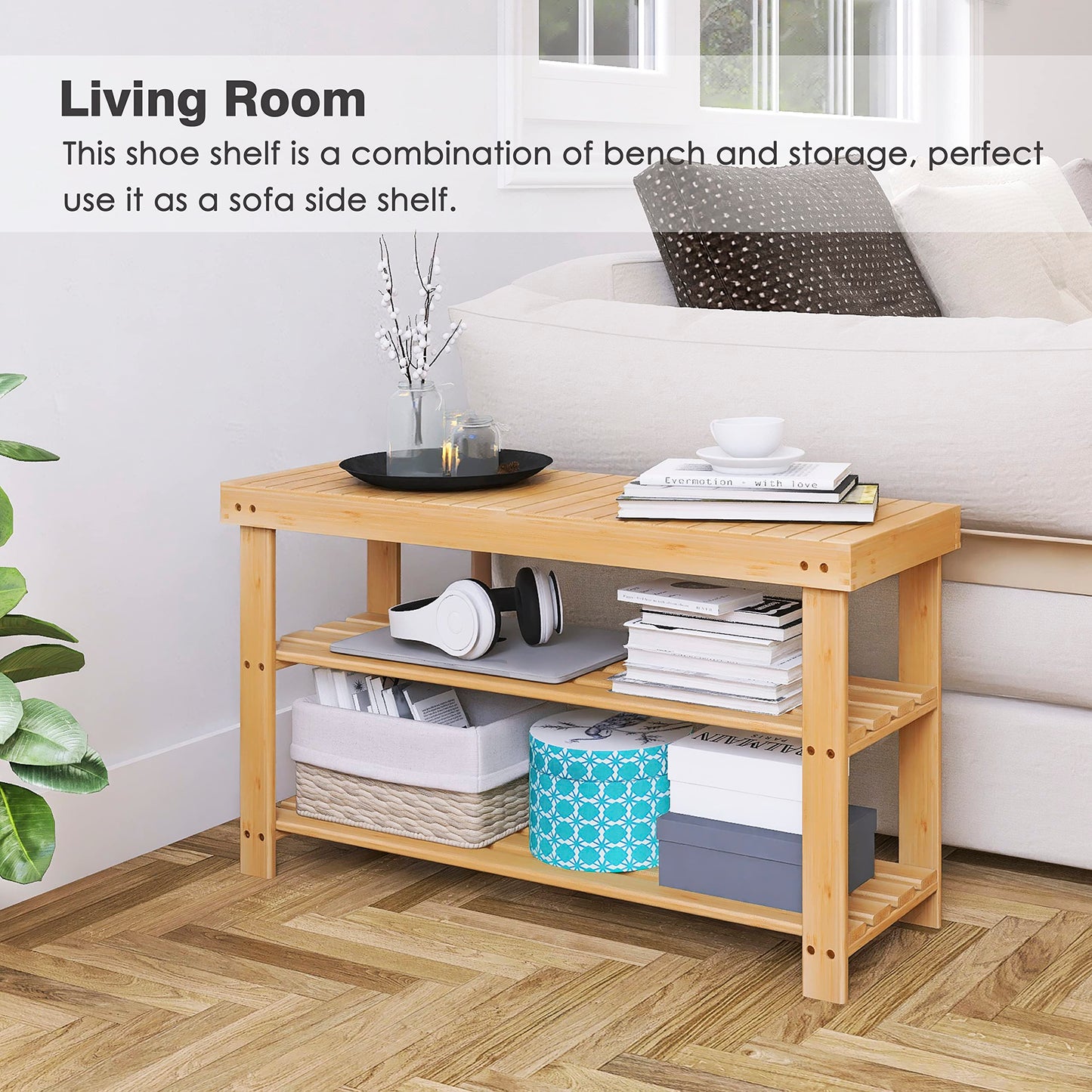 SMIBUY Bamboo Shoe Rack Bench, 3-Tier Shoe Organizer Storage Shelf for Entryway Hallway Bathroom Living Room (Natural)