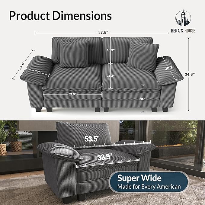 HERA'S HOUSE 88" Modular Sectional Sofa, Loveseat Couches for Living Room, Comfy Cloud Couch 2-Seater Deep Seat Sofa with Throw Pillow, Corduroy Grey