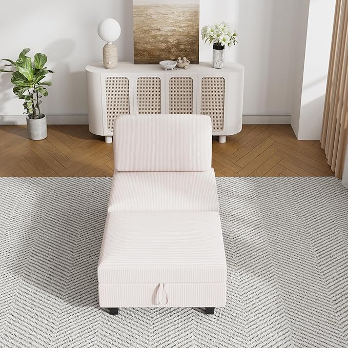 31" Convertible Modular Sleeper Sofa in Soft Corduroy with Attachable Storage Ottoman, 21" Deep Seat Cloud Couch Easy Assembly for Small Spaces Living Room Bedroom Office (White, 1 Seat + 1 Ottoman)