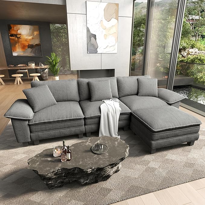 HERA'S HOUSE 124" Modular Sectional Sofa, Oversized L Shaped Couches for Living Room, Comfy Cloud Couch with Ottoman, 4-Seater Deep Seat Sofa with Throw Pillow, Corduroy Grey