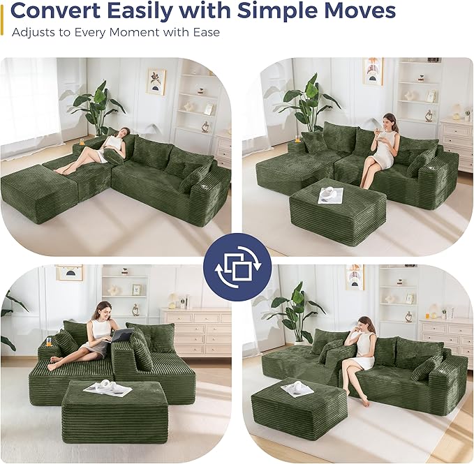 MAXYOYO 104" U-Shaped Modular Sectional Couch, Modern Boneless Couch for Living Room, Sofa in A Box, Oversized Sofa Sleeper with Deep Seat, No Assembly Required, Green