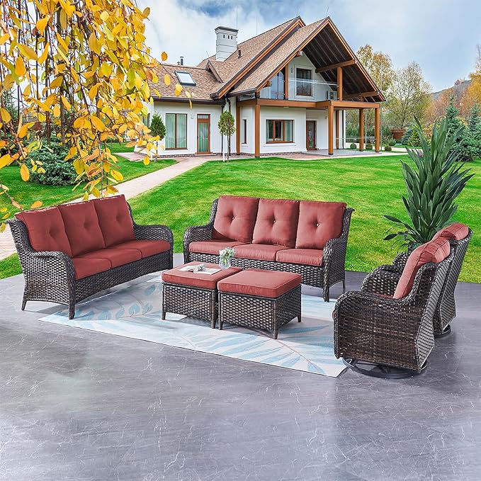 Rilyson Wicker Patio Furniture Set - 6 PC Rattan Outdoor Sectional Conversation Sets with 2 Rocking Swivel Chairs,2 Ottomans and 2 Sofa for Porch Deck Garden(Brown/Red)