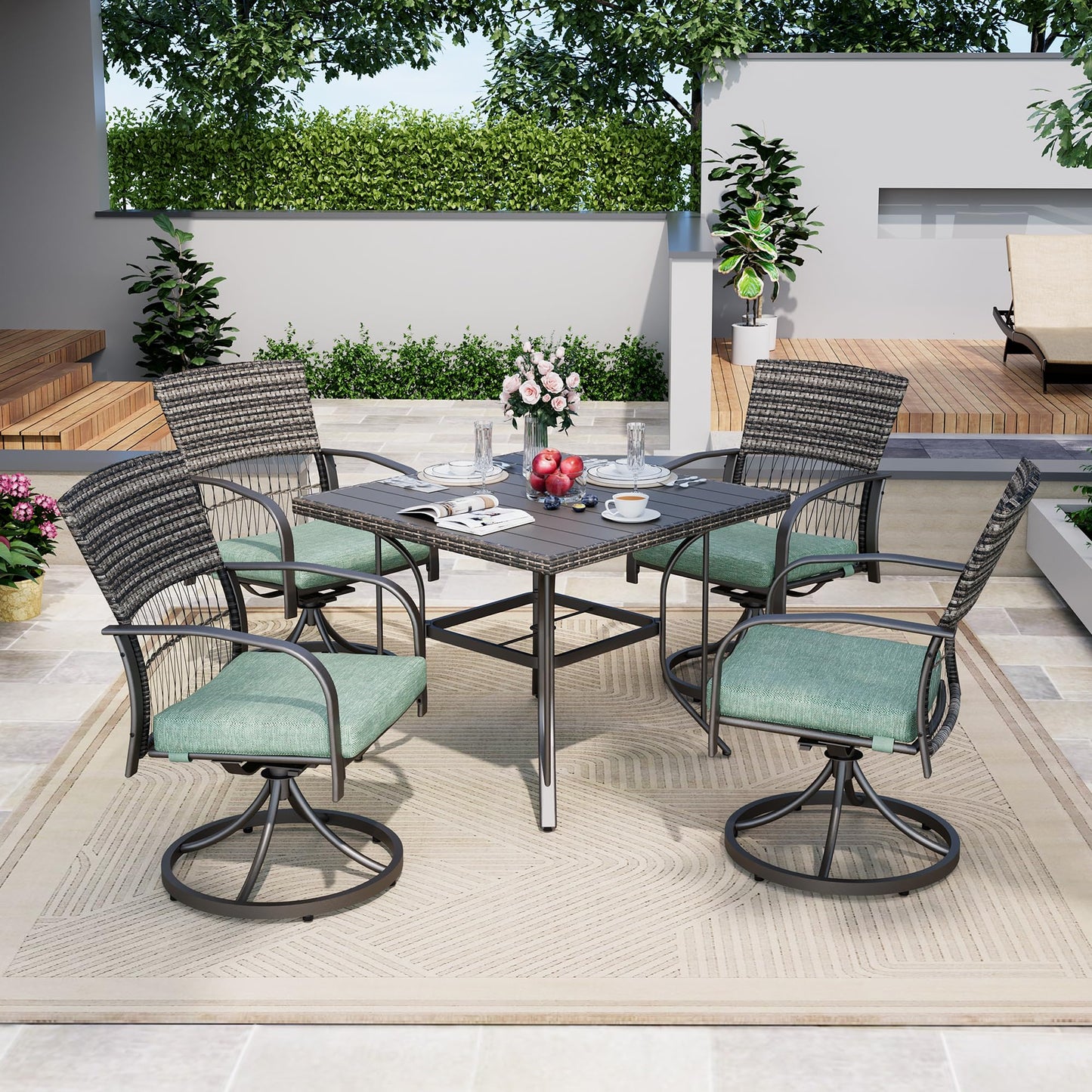 Pamapic 5-Piece Outdoor Dining Set with Swivel Chairs, Rattan Patio Furniture for Backyard, Deck, Garden, Weather-Resistant Iron Slats Table & 4 Chairs with Removable Cushions (Green)