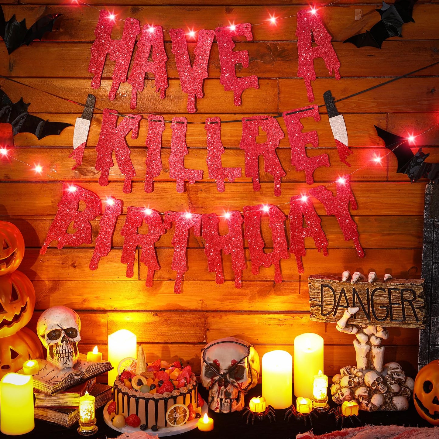 Silipull Light Up Glitter Have a Killer Birthday Banner Lighted Halloween Birthday Banner Gothic Decor Horror Movie Party Halloween Zombie Vampire Party Decoration Supplies