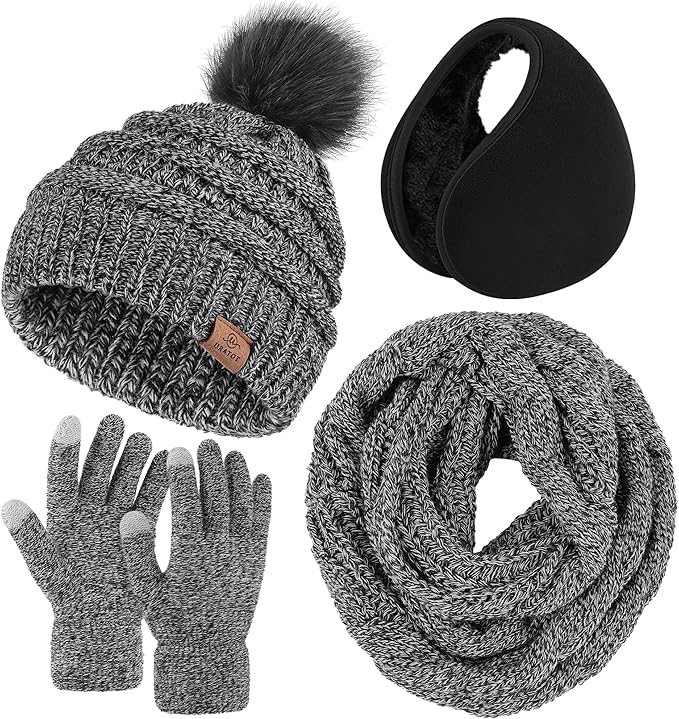 URATOT 4-In-1 Winter Warm Sets Knitted Scarf Touch Screen Gloves Beanie Pompom Hat and Winter Ear Warmer for Men or Women