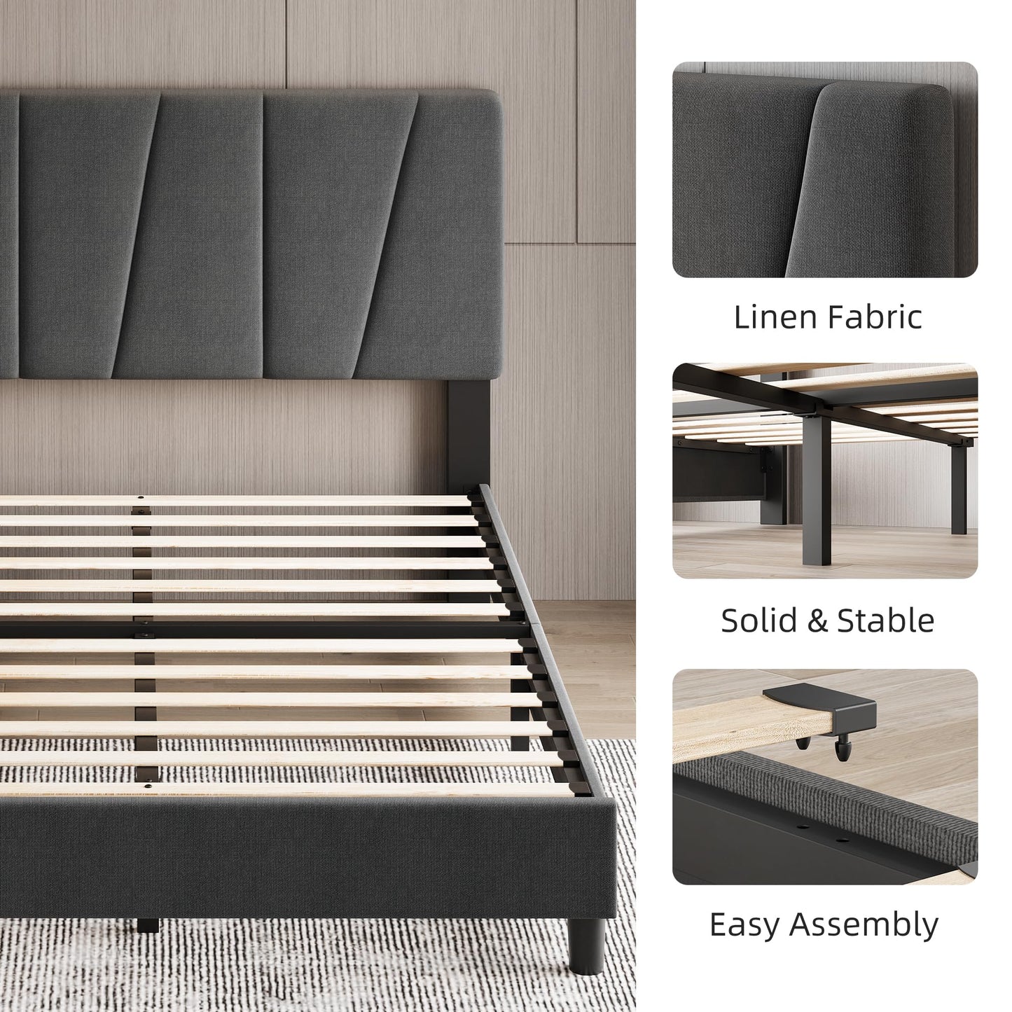 GarveeHome Twin Size Bed Frame with Adjustable Headboard, Linen Upholstered Twin Platform Bedframe with Strong Wooden Slats, Mattress Foundation, No Box Spring Needed, Easy Assembly(Dark Grey, Twin)