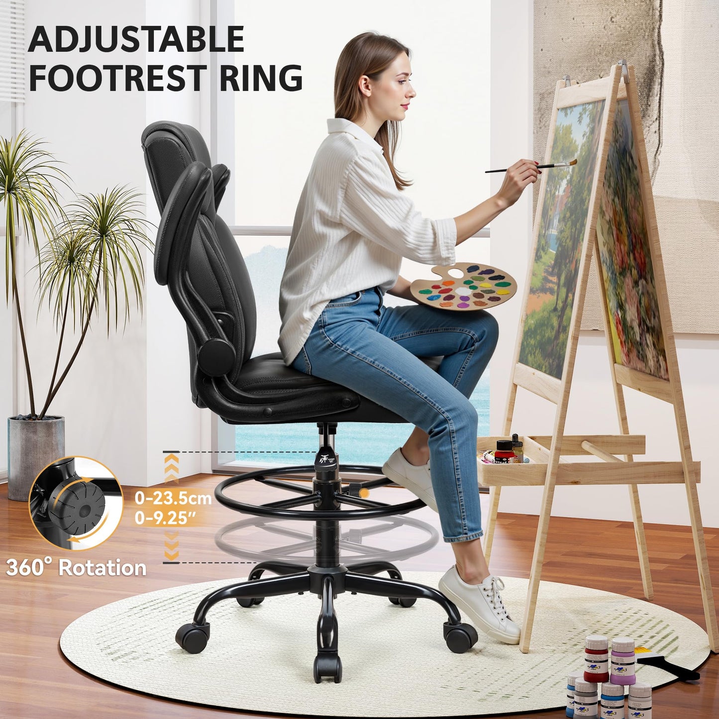 Drafting Chair,Tall Office Chair for Standing Desk,High Executive Leather Ergonomic Computer Chair with Adjustable Height and Flip-Up Armrest for Counter Height Desk,Black