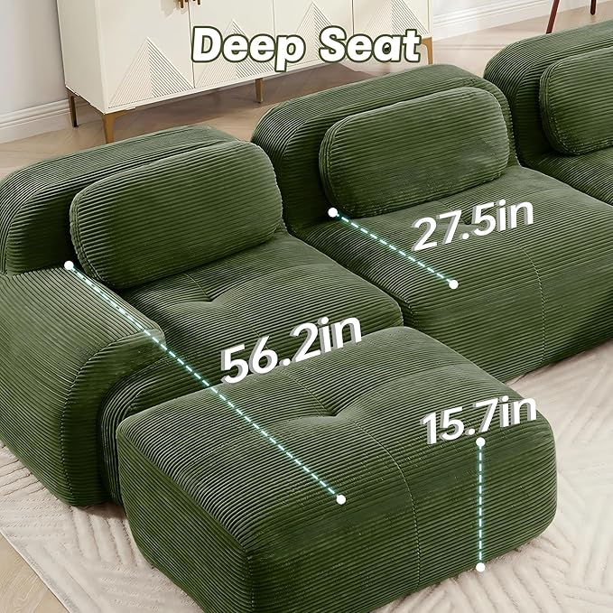 SoarFlash 81” Sectional Cloud Boneless Sofa Couches for Living Room-2 Seater L-Shaped Modern Lounge Couch-No Assembly Modular Corduroy Convertible Sponge Sleeper Sofas with Chaise for Home House,Green