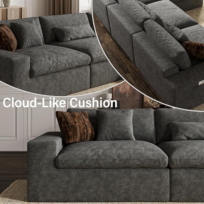 160'' Oversized Boneless Sectional Couches for Living Room, Deepseat Boneless Cloud Modular Sectional Sofa with Ottoman, No Assembly Required L-Shape Cloud Sofa, Plush Fabric, Dark Gray