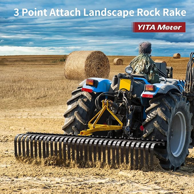 YITAMOTOR 3 Point Landscape Rock Rake for Category 1, 5 FT Attach Tractor Rake with 360 Degree Rotation, Tow-Behind Lawn Garden Tool Attachment for Compact Tractors