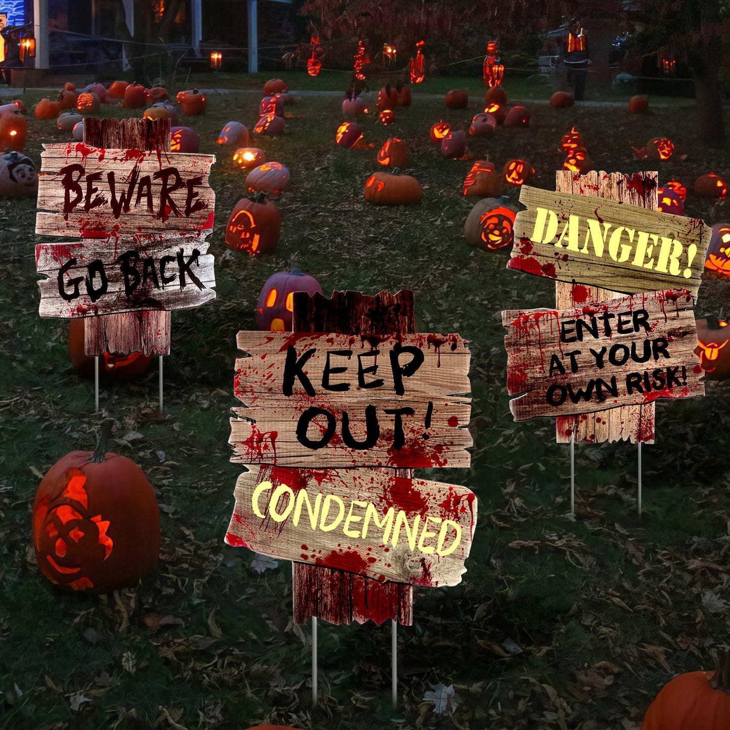 Halloween Decorations Outdoor Yard Signs Stakes,3 Pieces Beware Halloween Sign,Scary Warning Sign 2025 Halloween Zombie Vampire Graves Theme Party Decor Supplies,12" x 9"