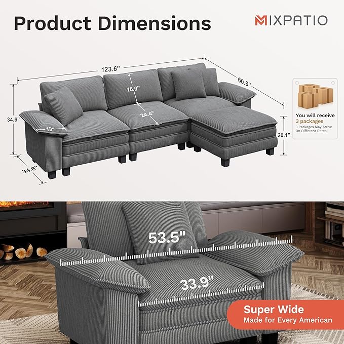 MIXPATIO 123-Inch L Shaped Sectional Sofa with Cloud Cushions, Deep Seat Modular Couch Set w/ 4 Seats & 1 Ottomans, Removable Arms, Plush Corduroy Upholstery for Living Room, Apartment - Gray