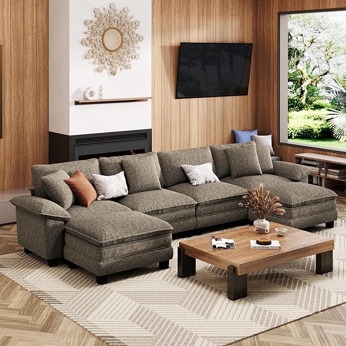 MIXPATIO 157-Inch U Shaped Sectional Sofa with Cloud Cushions, Deep Seat Modular Couch Set w/ 6 Seats & 2 Ottomans, Removable Arms, Plush Chenille Upholstery for Living Room, Apartment - Smoky Gray