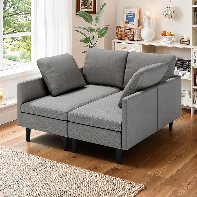 Gizoon Convertible Sectional Sofa, Convertible to L-Shaped Sofa, Linear and Sofa Bed, with Comfortable and Soft Fabric, Four Pillows, for Living Room, Apartment and Office, Light Gray
