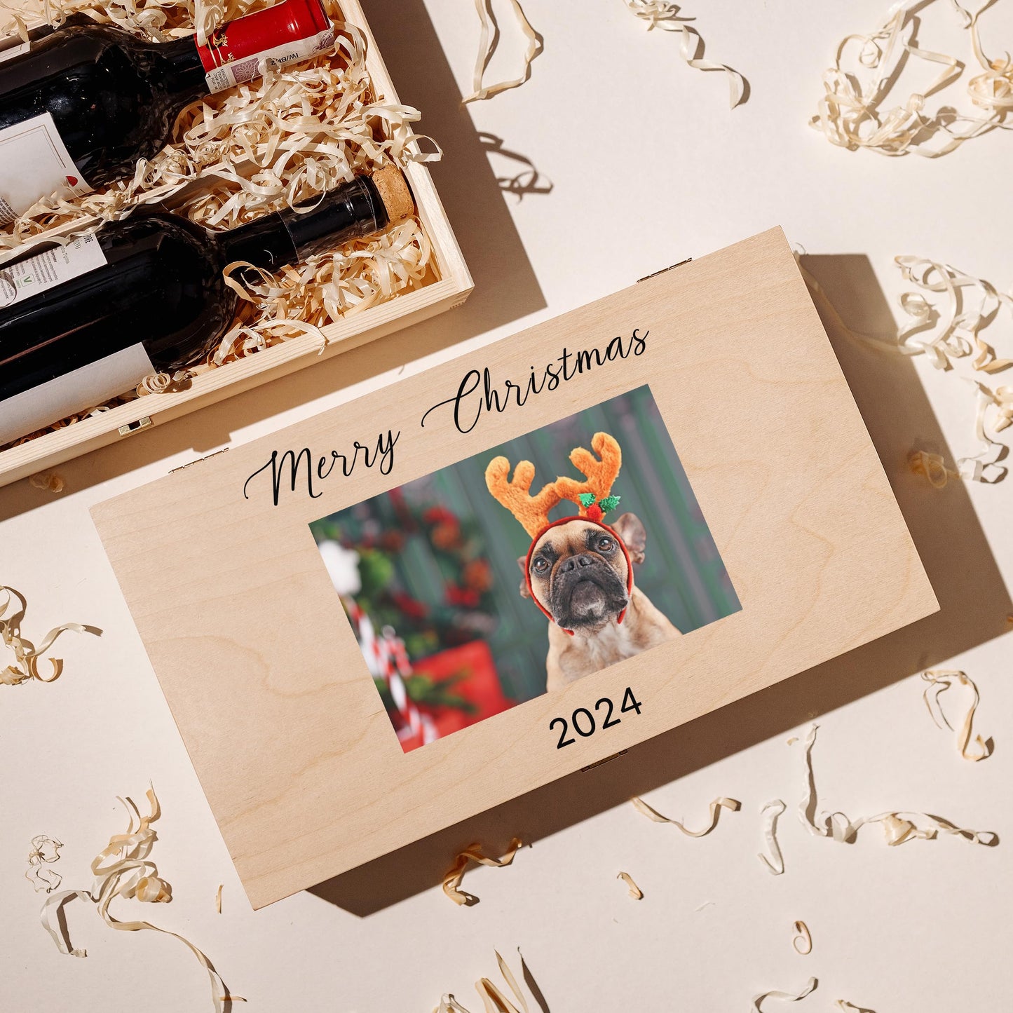 Creative Deco Personalized Wine Wooden Box Gift Storage | 2 Bottles | Text + Photo | 13.77x7.87x3.93in | Natural Wood Holder | Luxury Box Christmas Birthday Wedding Valentine’s Day | UV Print