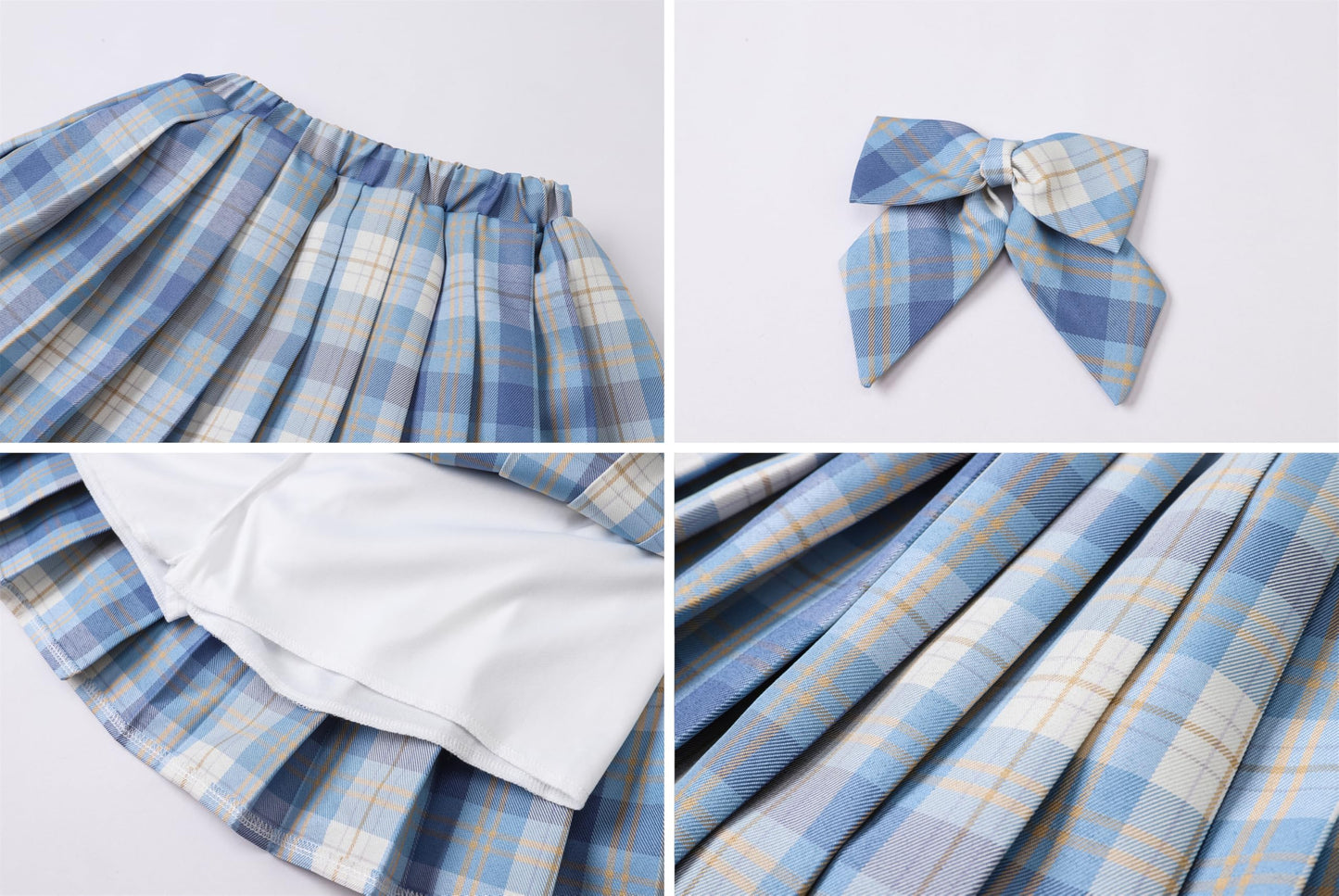 Betusline Girls Skirt Set JK School Uniform 2-Piece Outfit - Short Sleeve Shirt with Bow & Pleated Plaid Skirt, Plaid Blue, 11-12 Years = Tag 160