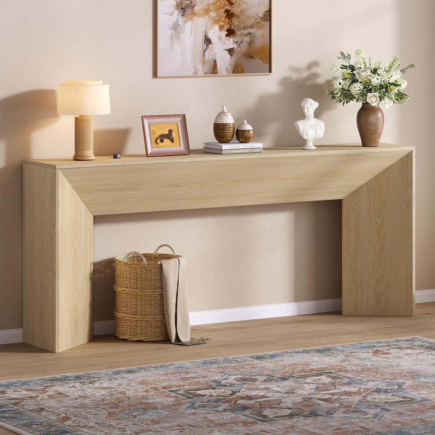 knoworld 70.9 Inch Long Console Table, Farmhouse Entryway Table with Sturdy Triangular Base, Wood Narrow Behind Couch Sofa Table for Living Room, Hallway, Foyer, Natrual Oak