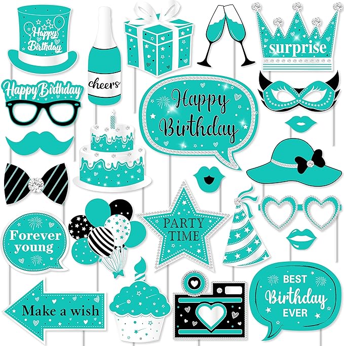 Fangleland 24PCS Turquoise Birthday Photo Booth Props, Teal Blue Happy Birthday Decorations with Forever Young Selfie Pict...