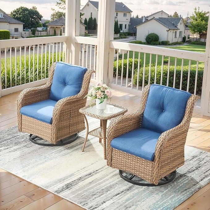 Belord Outdoor Swivel Rocker Patio Chairs - 360 Degree Swivel Glider Seating 350LBS Weight Capacity 3 Piece Wicker Rocking Chairs Set with Side Table for Porch Balcony Deck, Yellow/Blue
