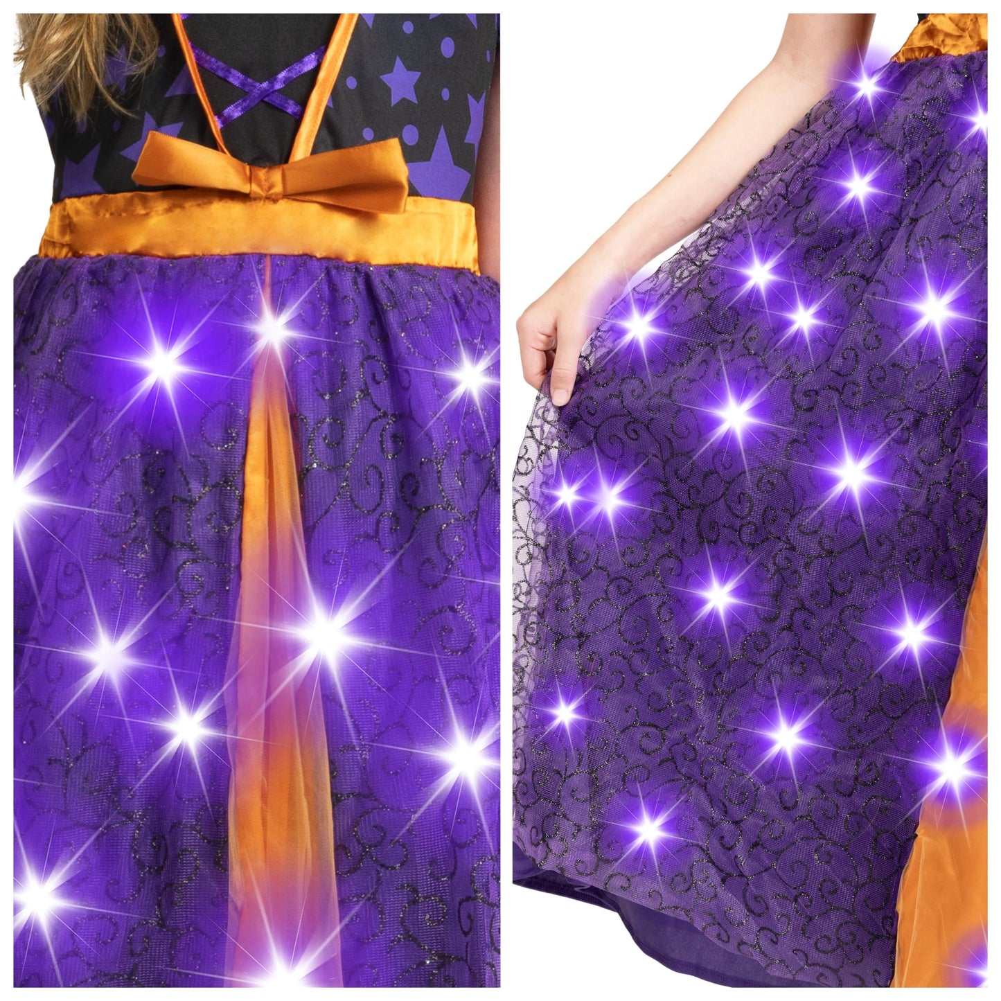 Spooktacular Creations Light Up Witch Costume for Toddler Girls, Child Fairy Tale Witch Outfit Set with Broom and Hat for Kids Halloween Dress Up Parties, Purple, S