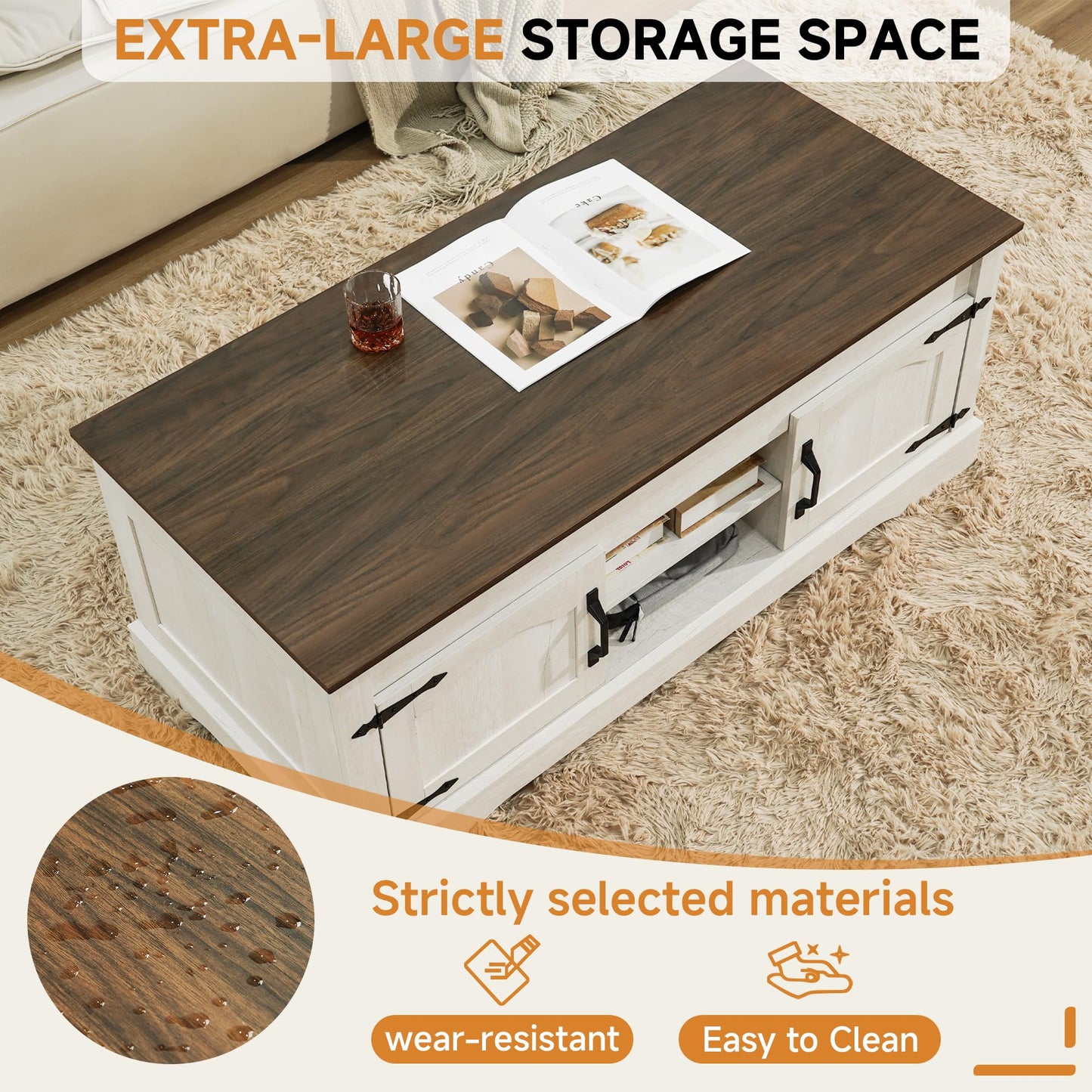 Farmhouse Coffee Table, 47.24 inches Wide Lift Top Coffee Table with Storage, Living Room Coffee Tables with Large Hidden Compartment, Warm White Walnut