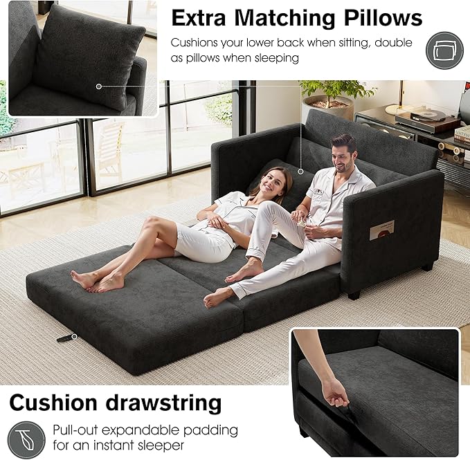 kakuboohi 51" Loveseat Sleeper Sofa Bed, Chenille Convertible Floor Sofa Bed for Small Spaces, Folding Couch Bed with Deep Seat, 2 Pillows & Solid Frame, Pull Out Floor Couch for Living Room, Black
