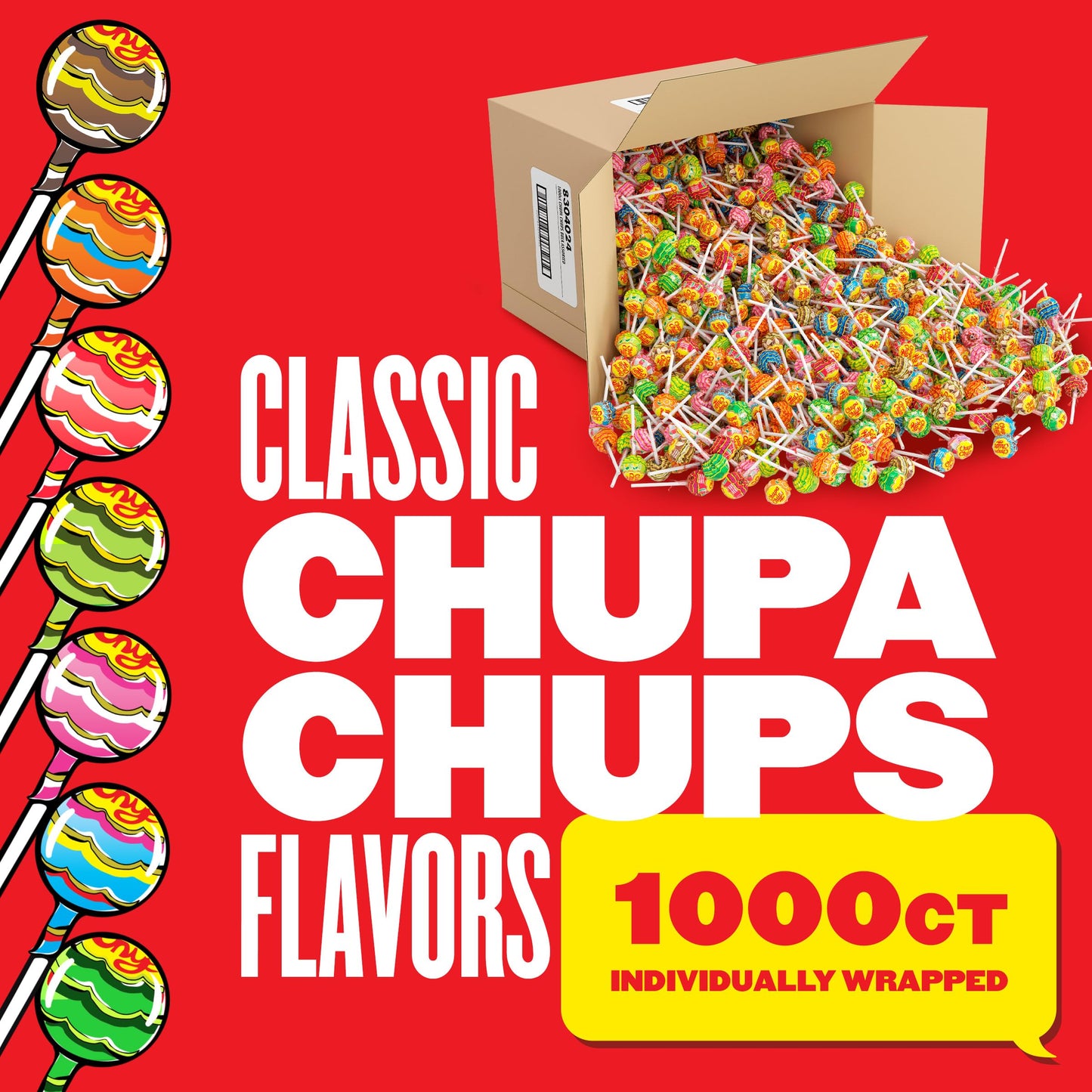 Chupa Chups Classic Bulk Lollipop Assortment, 7 Flavors, Individually Wrapped Candy for Kids (1000 Suckers)