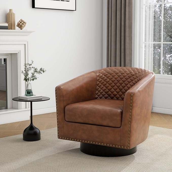 UIXE Faux Leather Swivel Barrel Accent Chairs Set of 2, Upholstered Armchair Club Chair for Living Room, Round Comfy Single Sofa Bedroom Side Reading Seat - Brown