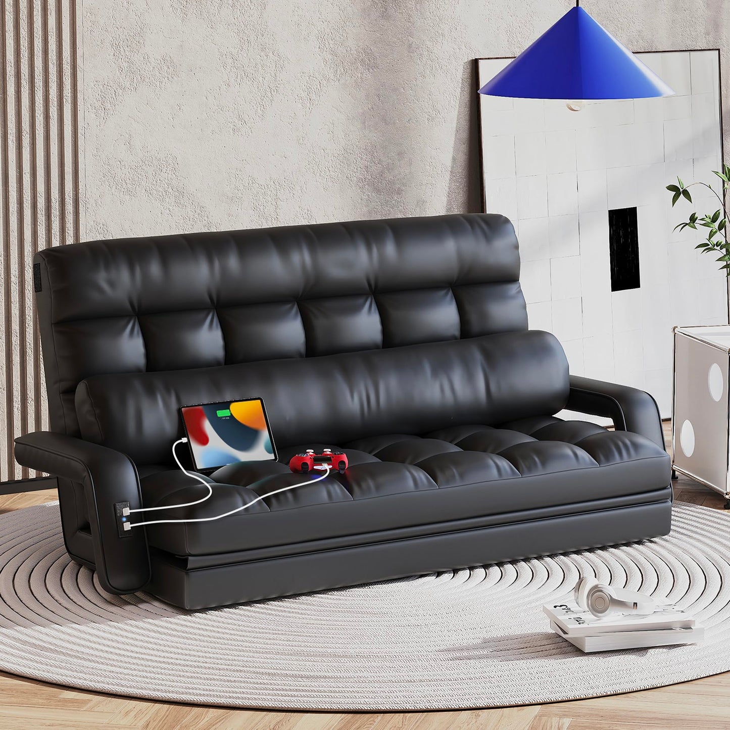 STHOUYN 6-Position Floor Lounge Sofa Bedroom Fold Out Couch, Floor Seating Bean Bag Bed RV No Bones Couch for Adults, Convertible Sleeper Memory Foam Lazy Sofa, Boneless Bed Furniture (Black Leather)
