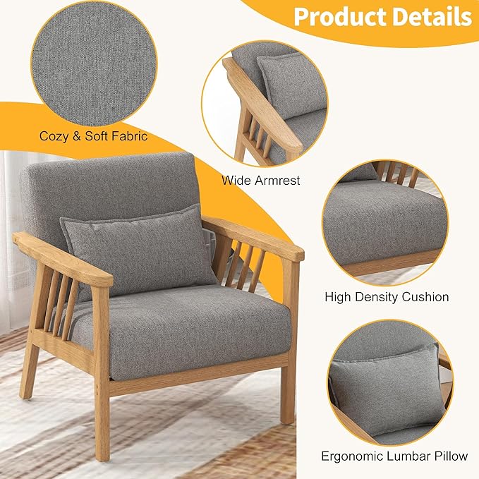 SEYNAR Mid-Century Accent Chair, Linen Fabric Armchair and Lounge Chair with Lumbar Pillow, Wide Seat & Solid Wood Frame for Living Room, Bedroom or Balcony (Light Gray)