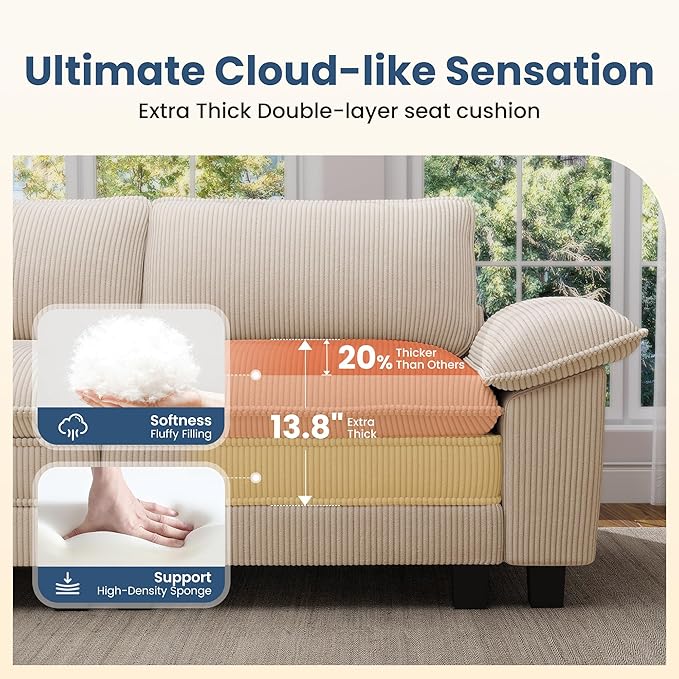 PHI VILLA Indoor Lounge Sofa Chair, One-Person Oversized Sectional Sofa with Ottoman, Single Chaise with Upholstered Deep Seat for Bedroom Reading, Chenille Fabric, Beige
