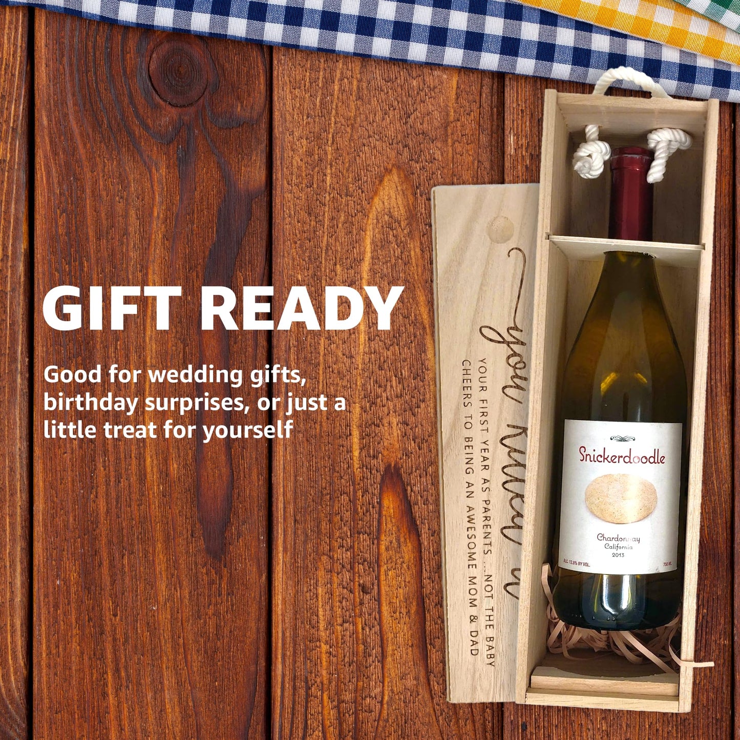 CITY NORTH Wooden Wine Box - Perfect Parents Wine Gift for Baby's First Birthday with Decorative Text, Elegant Bottle Holder and Storage, Comes with a Rope Handle, Fits Standard 750ml Bottles