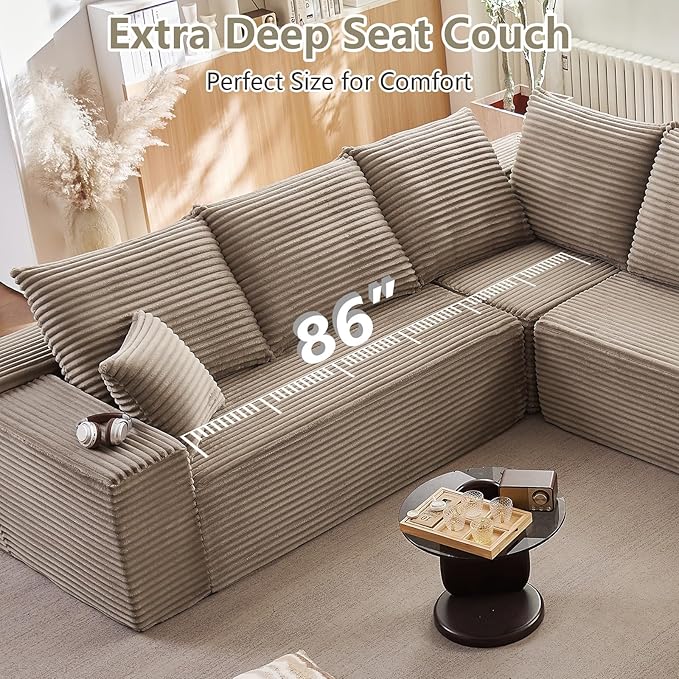 Cloud Sectional Couch with L-Shape Chaise, Modern Modular Comfy Sofa with Deep Seat, Upholstered Corduroy Couches Stupendous U Shaped Sofas for Living Room Bedroom, No Assembly Required, Camel