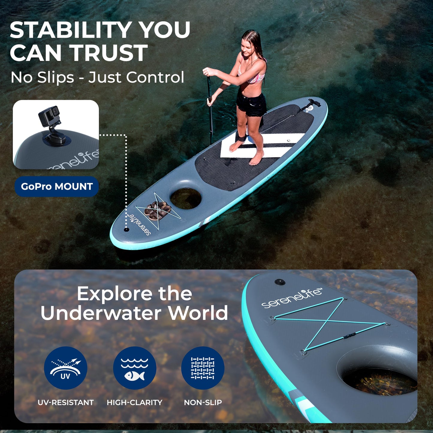 SereneLife 10’6” Inflatable Stand-Up Paddle Board with Window - 32” Wide Stable Design with Non-Slip EVA Deck Pad, Premium SUP Accessories and GoPro Mount, for Youth and Adults, 350 lbs. Capacity