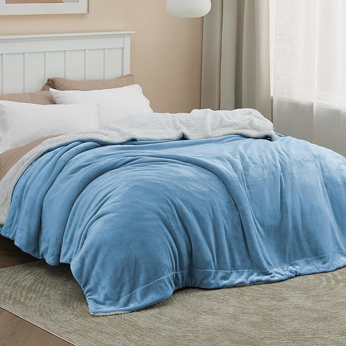 Bedsure GentleSoft Sherpa Fleece Blankets Queen Size for Bed - Thick and Warm Throw for Women and Men, Soft Fuzzy Plush Queen Blanket for Winter, Non-Heated, Washed Blue, 90x90 Inches