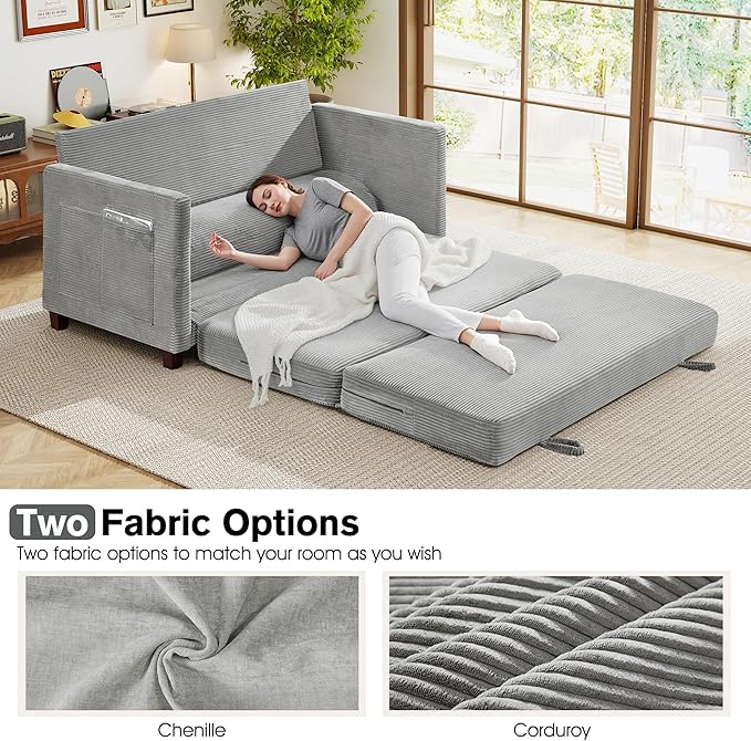 kakuboohi 65" Loveseat Sleeper Sofa Bed, Corduroy Convertible Sofa Bed for Small Spaces, Folding Couch Bed with Deep Seat, 2 Pillows & Solid Frame, Pull Out Floor Couches for Living Room, Grey