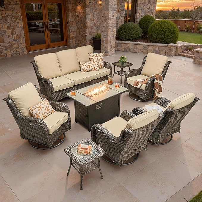 ovios 8 Pieces Patio Furniture Set, Outdoor Wicker Sofa Couch with Swivel Chairs 42" Fire Pit Table, High Back Modern All Weather Conversation Sets, Brown Rattan, Beige