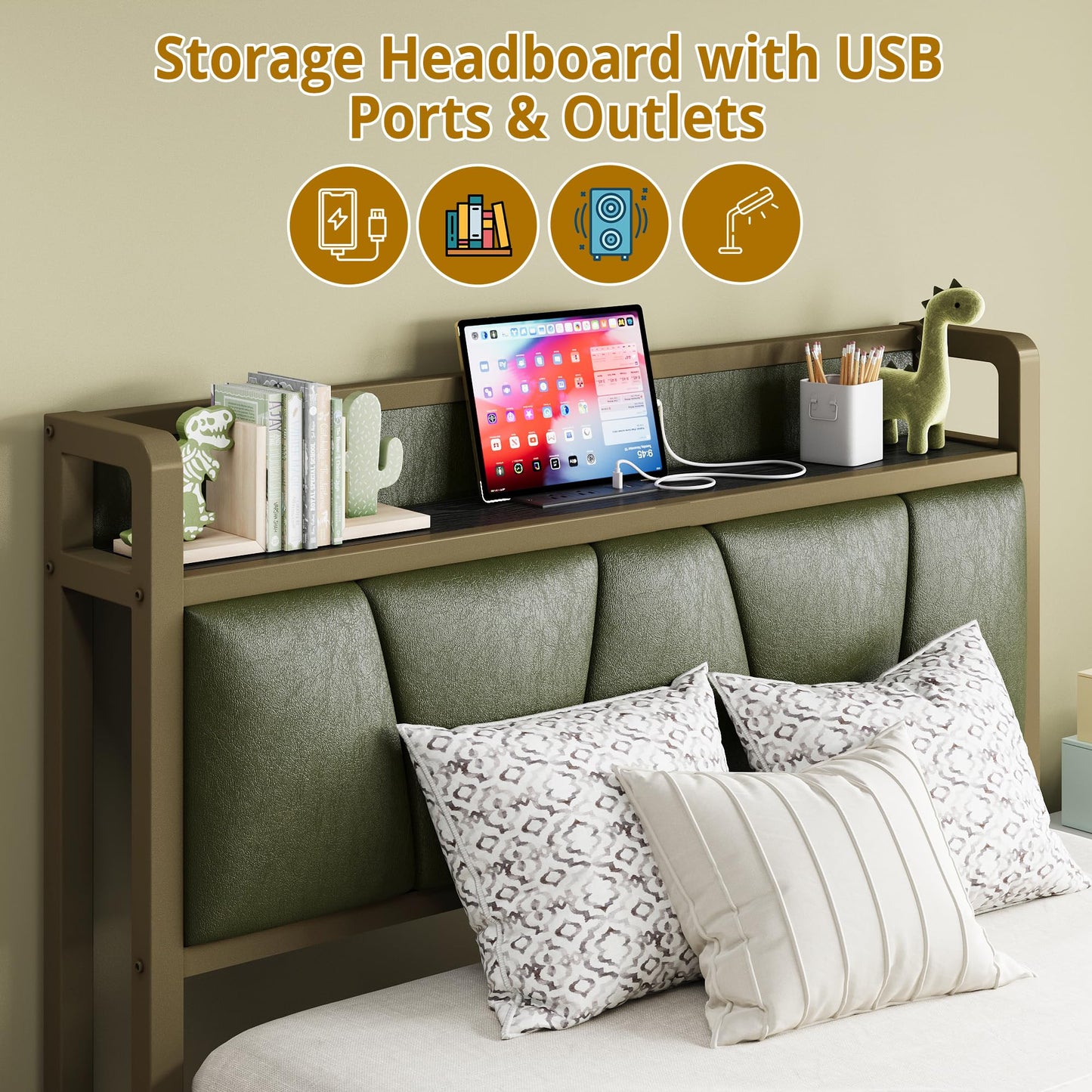 LIKIMIO Twin Bed Frame, Storage Headboard with Charging Station, Solid and Stable, Noise Free, No Box Spring Needed, Easy Assembly (Dark Green)