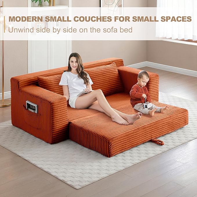 73" Convertible Sofa Bed, 2 in 1 Folding Couch Bed, Boneless Couch in a Box, Cloud Loveseat Sleeper, Fold Out Comfy Floor Futon Sofa with 2 Pillows for Living Room Bedroom, No Assembly (Orange, 73")