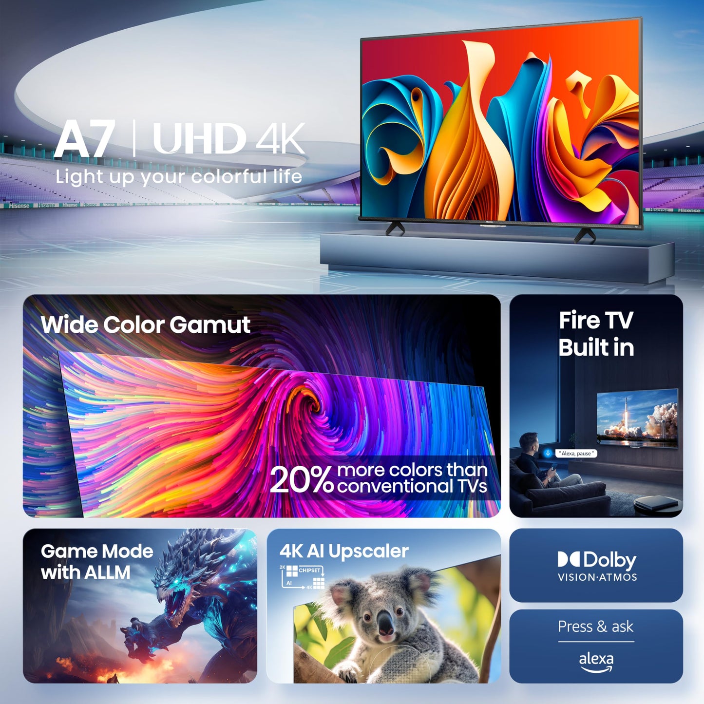 Hisense 43" Class A7 Series (43A7NF, 2025 Model) 4K UHD Smart Fire TV, Voice Remote with Alexa, Wide Color Gamut, HDR10+, Dolby Vision, Dolby Atmos, Game Mode, ALLM, Stream Live TV Without Cable
