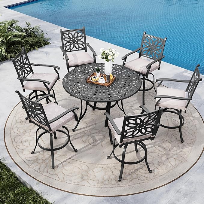 MFSTUDIO Patio Outdoor Barstools Set of 4, Cast Aluminum Swivel Dining Chairs, Counter Bar Height Outdoor Patio Chairs with Extra Wide Seat and Cushion, Brown, 350lbs