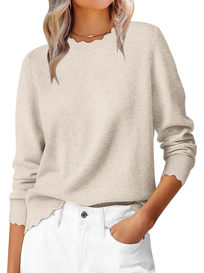 ANRABESS Sweaters for Women Loose Fit Lightweight Soft Dressy Scalloped Long Sleeve Pullover Tops 2025 Fall Casual Outfits