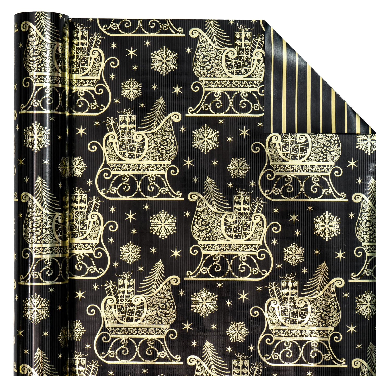 WRAPAHOLIC 30 Inch Jumbo Reversible Black and Gold Christmas Wrapping Paper - 30 Inch x 33 Feet - Black Gold Sleigh and Stripe Wrapping Paper with Metallic Foil for Christmas, Holiday, Party