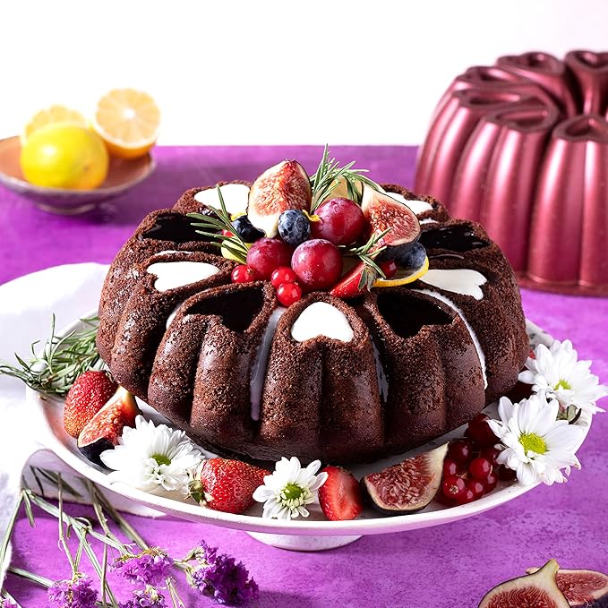 Heart Shape Cast Aluminum Molded Cake Pan, Titanium Coating, Non-Stick, 12 Cups, Heavy Duty, 10 Inch Pound Cake Pan, Gifts for Mom, Fluted Tube Pan, Easy to Clean (Red)